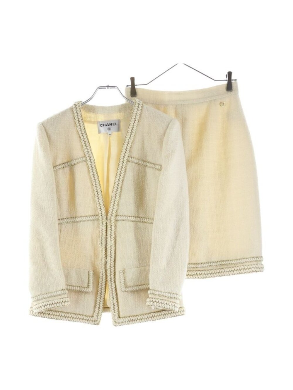 Chanel Set Tweed CC Logo Button Collarless Jacket Fitted Medium Skirt Ivory